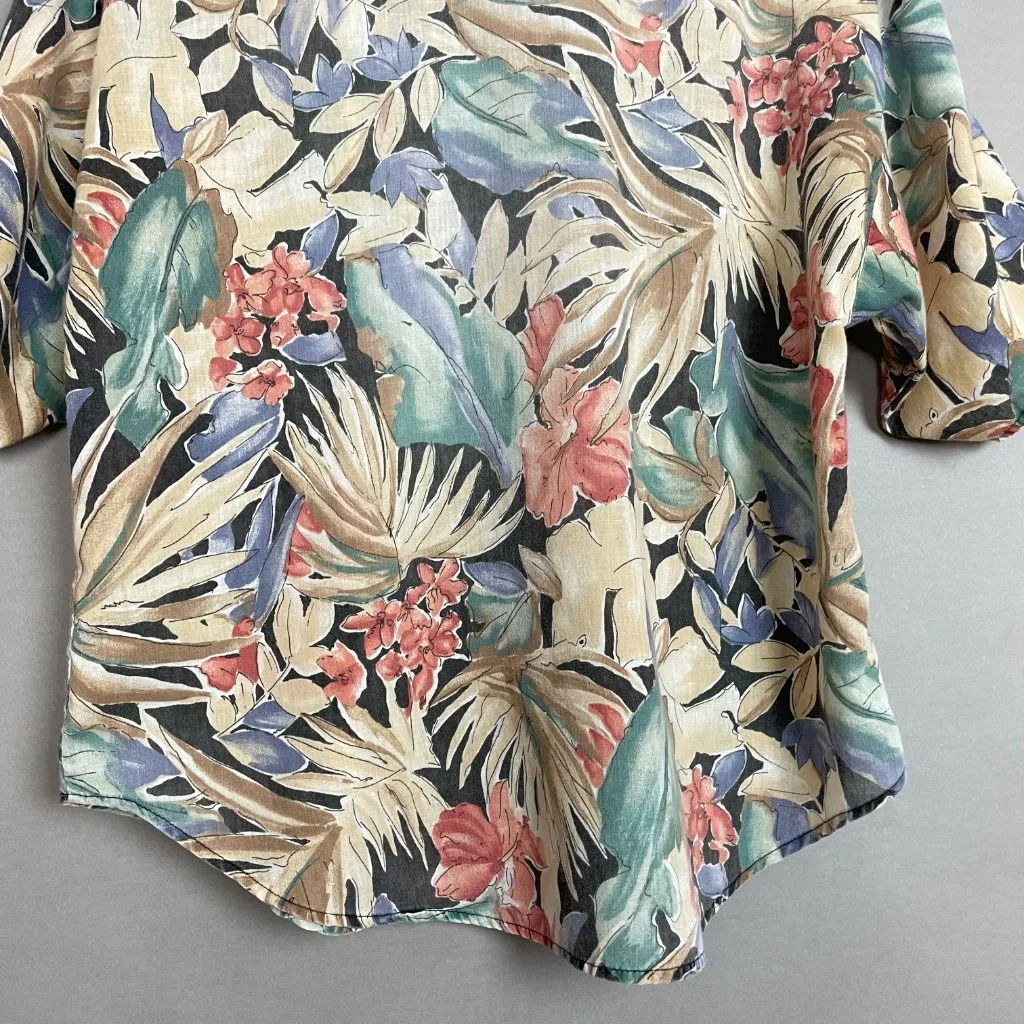 Vintage Tropical Shirt Women Lightweight Hawaiian FLAWS Muted Tones Palm Leaves Tan Size L - Image 6