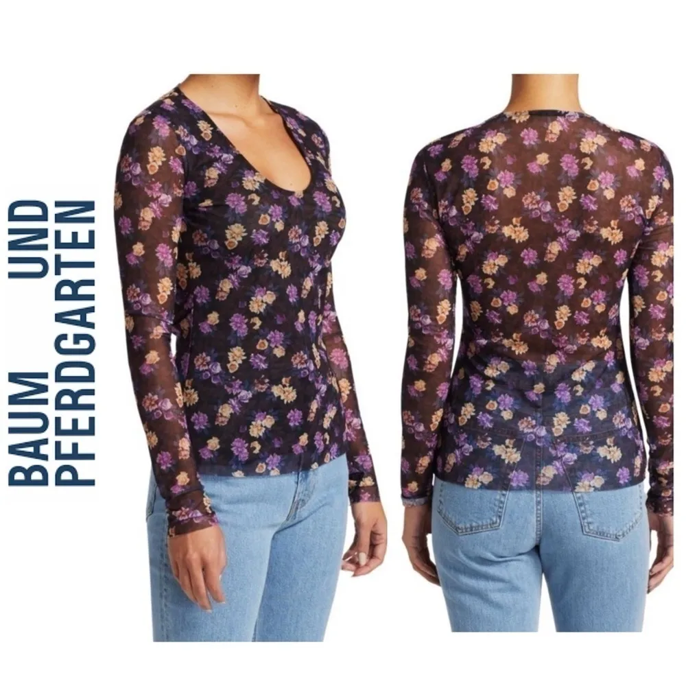 BAUM UND PFERDGARTEN Jenilyn Floral Mesh Top long sleeve, purple, size S NWT Black - Image 2