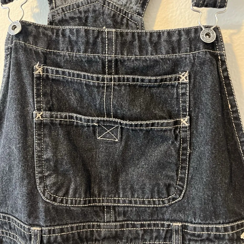 Vtg Denim Overall Shorts Black‎ Grey Embroidered Y2K Kid Core Grunge Goth 90s - Image 2