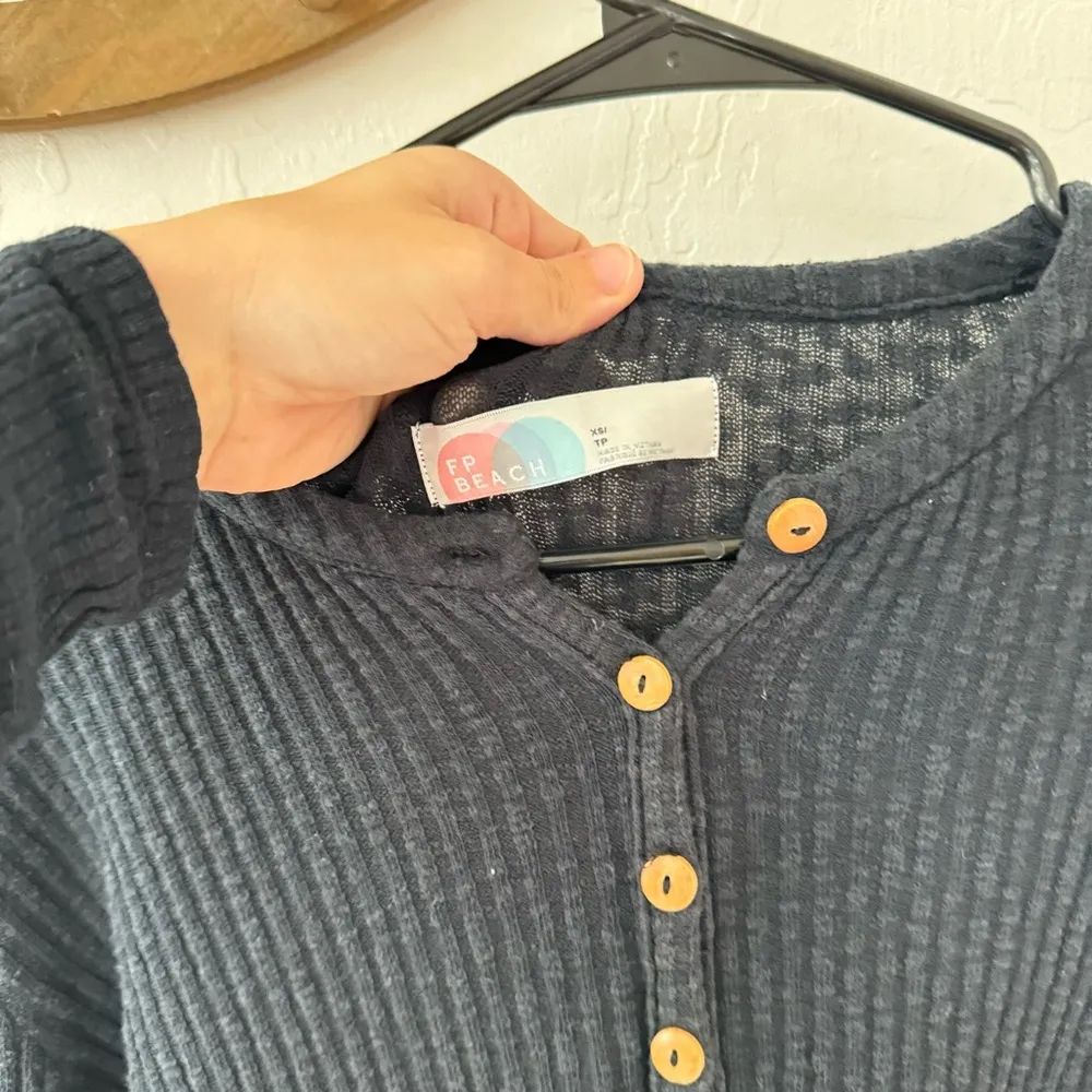 Free People Beach Black Blossom Cotton Ribbed Henley Mini Dress Long Sleeve XS - Image 5