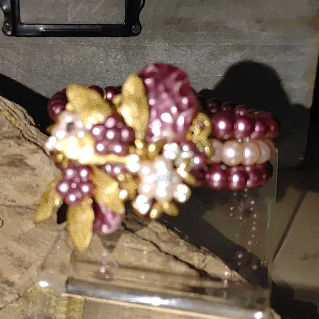 Miriam Haskell Bracelet Vintage Pink Gold Floral Beaded Rhinestones Faux Pearl - Image 11