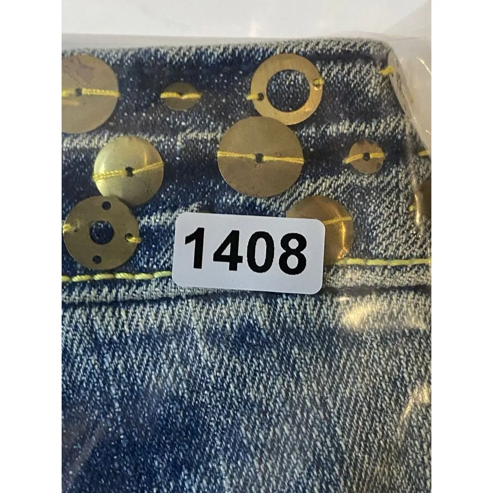 Akademiks AKDMKS Womens sz 27‎ cuffed royal capri Jeans Embellished sequins - Image 13