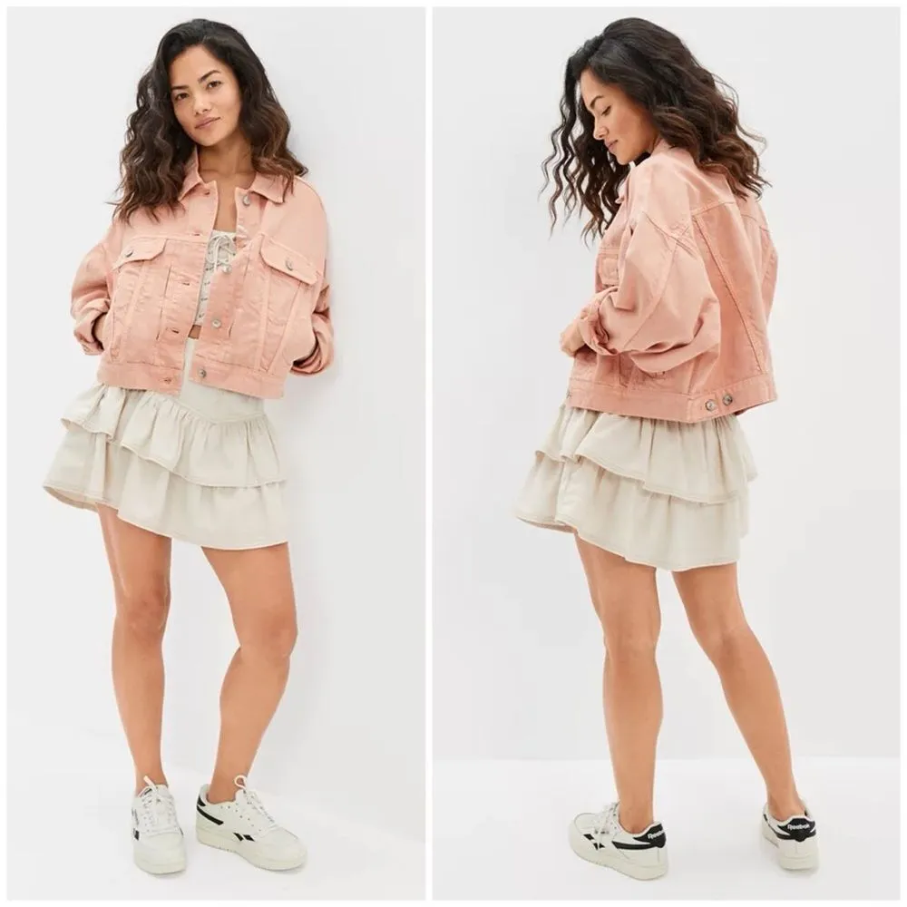 American Eagle AEO Cropped Denim Jacket in Peach Size XXL - Image 2