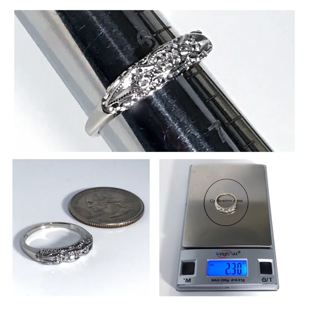 14KT ART DECO STYLE SOLID WHITE GOLD MID CENTURY MODERN 5 DIAMOND BAND RING - Image 9