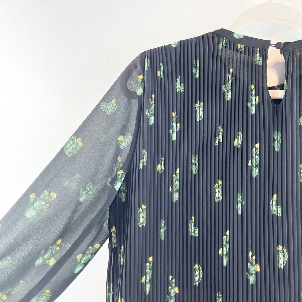 Zara Cactus Print 3/4 Sleeve Crew Neck Plisse Pleated Mini Dress Black Small - Image 9