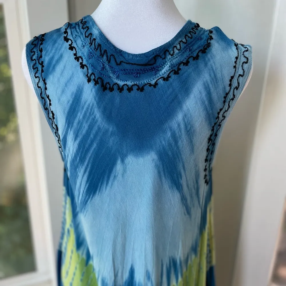 Vintage 90s Indian Blue Green Pink Tie Dye Shift Dress Swim Coverup Embroidered Size M - Image 8