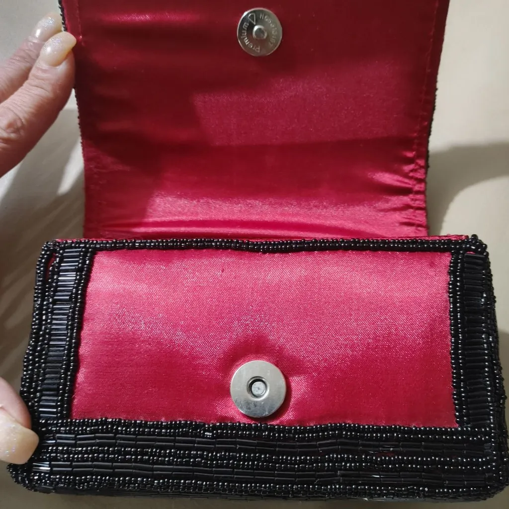 Vintage Black Beaded Evening Clutch Vintage Red Satin Lining Magnetic Closure - Image 5