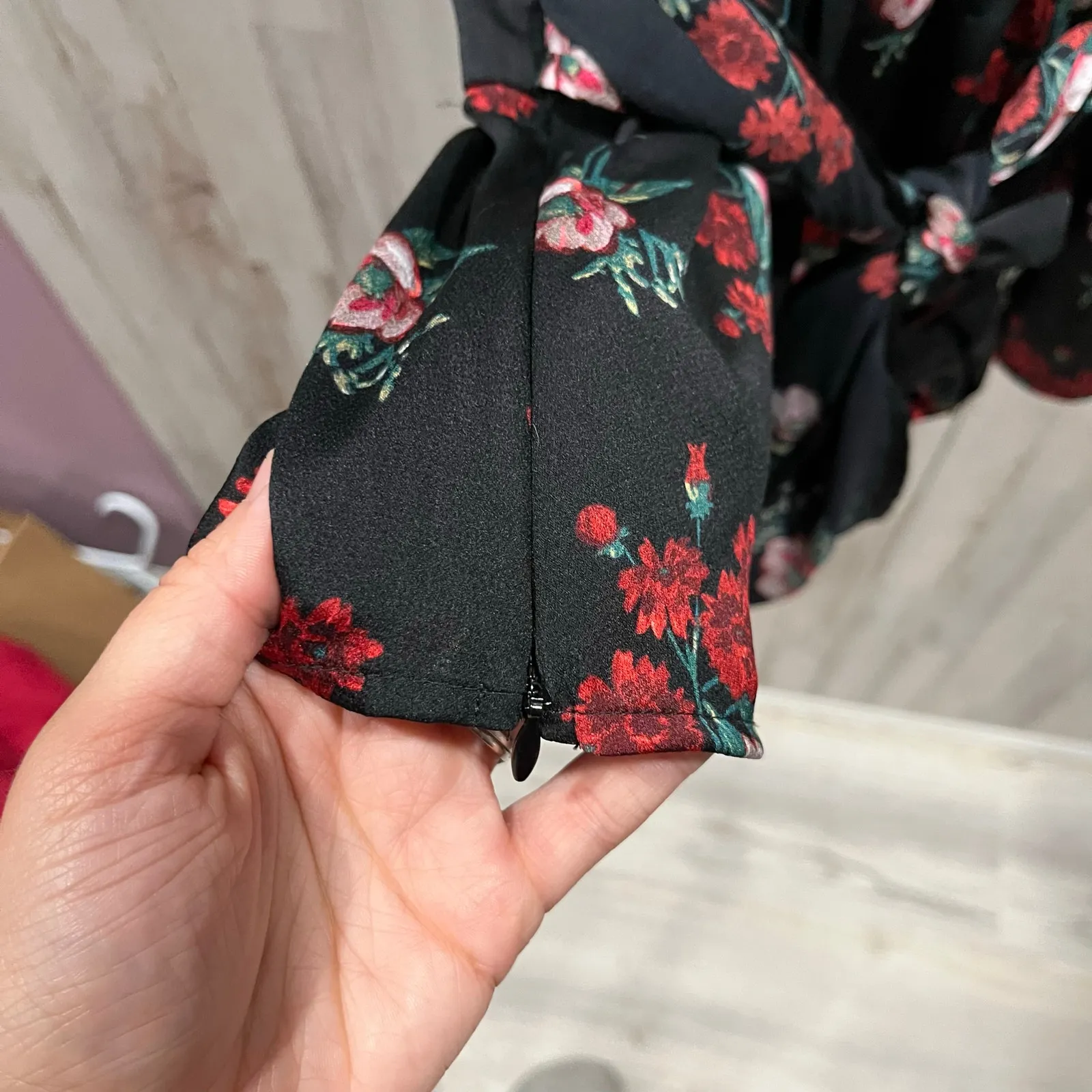 Express Black Rose Red Floral Peplum Tie Back Dark Floral Top Goth Whimsy Small - Image 4