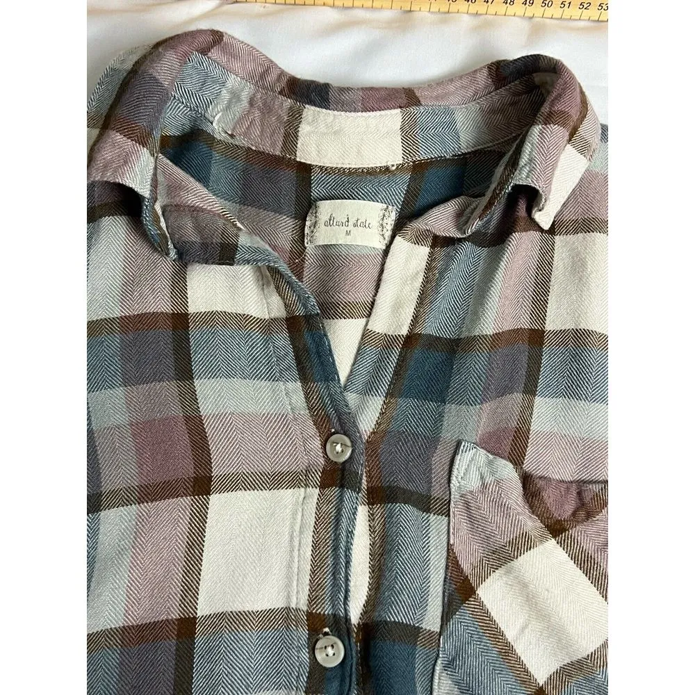 Altar'd State Button Front Plaid Rayon Roll Tab Sleeve Light Weight Medium Shirt - Image 2