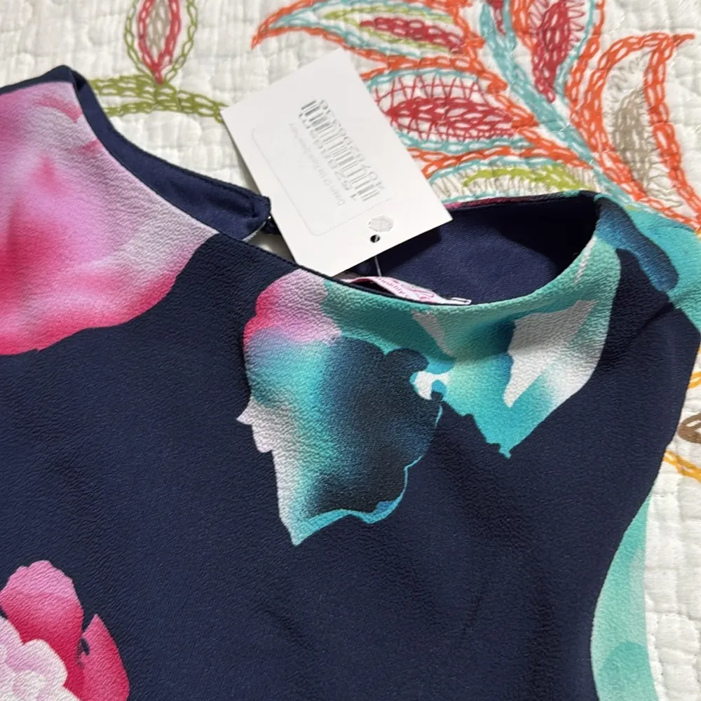 Pink Lily women’s size small navy blue pink Floral Sleeveless Dress lined button - Image 6