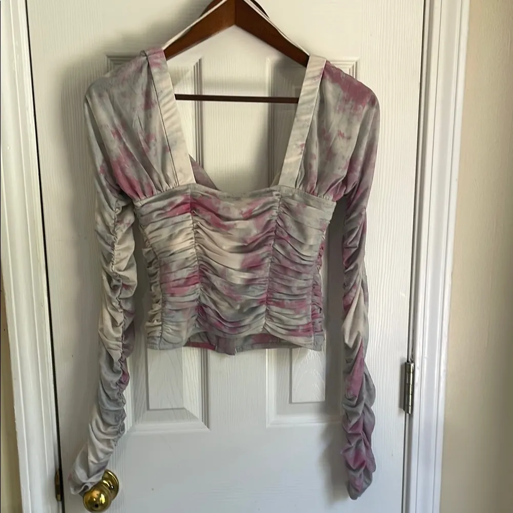 Free People Pink and Blue Tie Dye Streetwear Ruched Mesh Blouse - Image 4