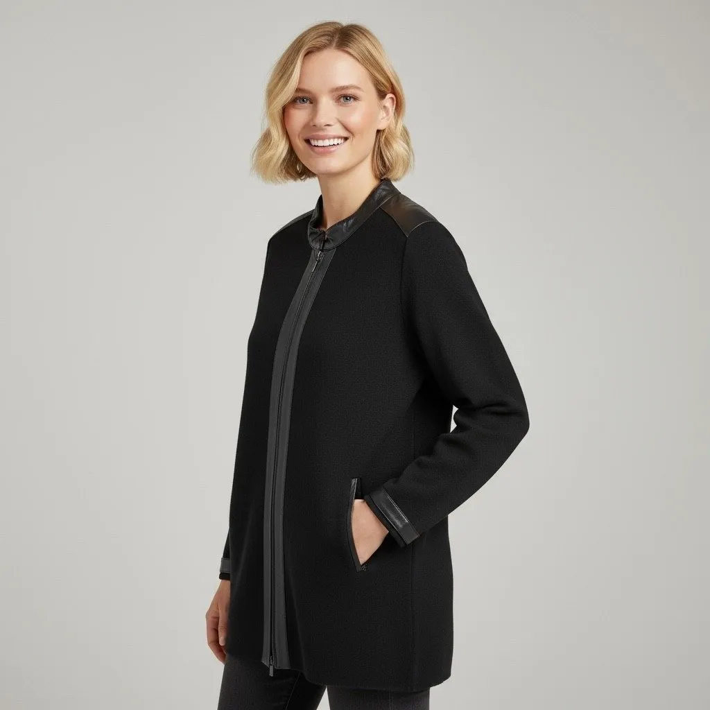 Dana Buchman Women’s Black Merino Wool & Leather Trim Sweater Jacket Size Large - Image 3