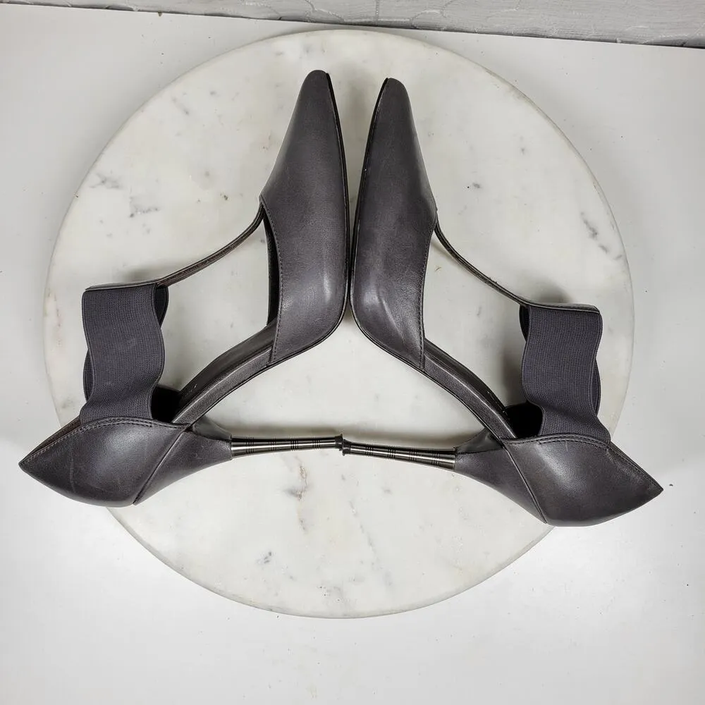 Elizabeth & James Stiletto Heels Womens 8 Gray Leather T-Strap Metal Spike Heel - Image 10
