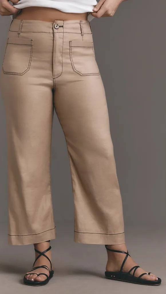 Anthropologie Maeve Colette Contrast-Stitch Linen Crop Wide-Leg Pants in Khaki - Image 1