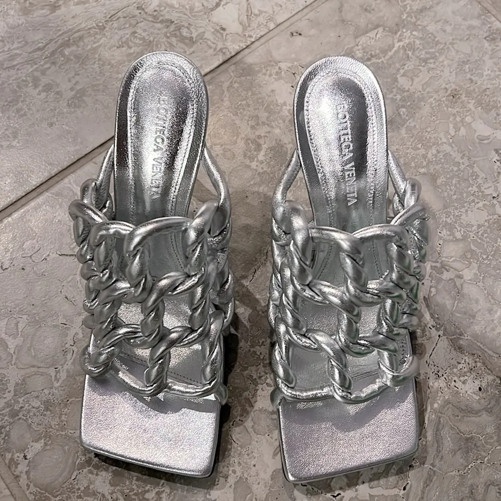 Bottega Veneta Stretch High Heel Slide Sandals in Silver Size 37.5 NEW+2DustBags - Image 8