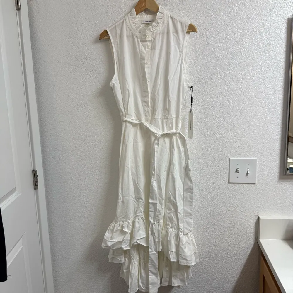 Calvin Klein High Low Shirt Dress Size 12 BNWT Tiered Ruffle Belted White Bridal - Image 3