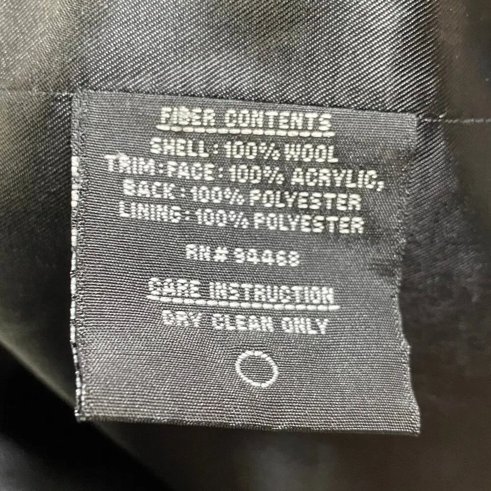 Vintage Y2k Wool Coat Single Breasted Button Down Faux Fur Trim Collar Black XL - Image 9