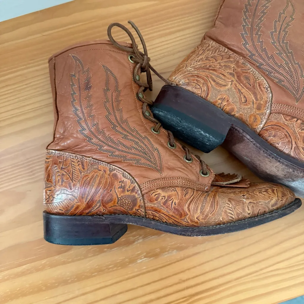 Rare Vintage Larry Mahan Leather Kiltie Lace Up Western Boots Brown Size 8.5 - Image 10