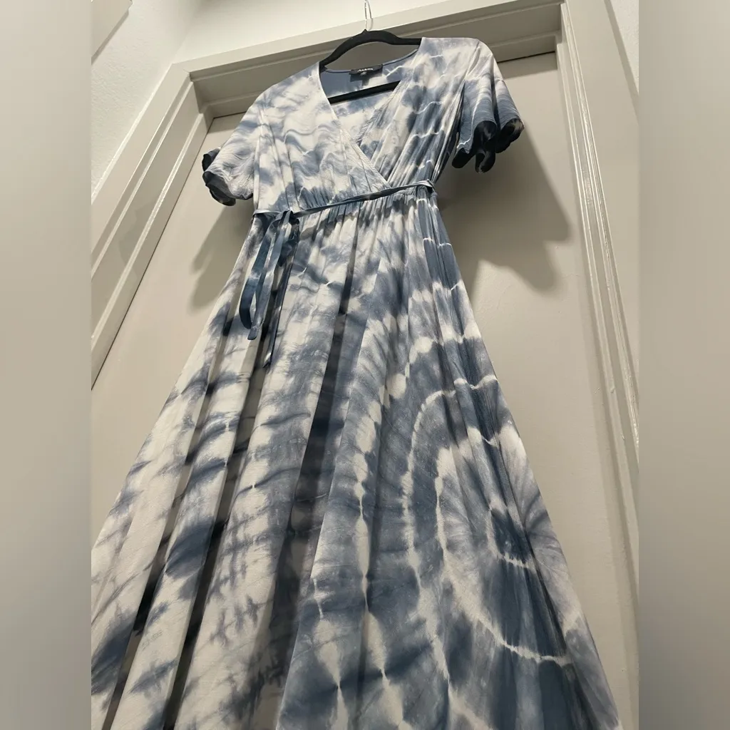 Aakaa Maxi Blue & White Tie Dye Coastal Maxi Short Sleeve Wrap Dress - S - Image 8