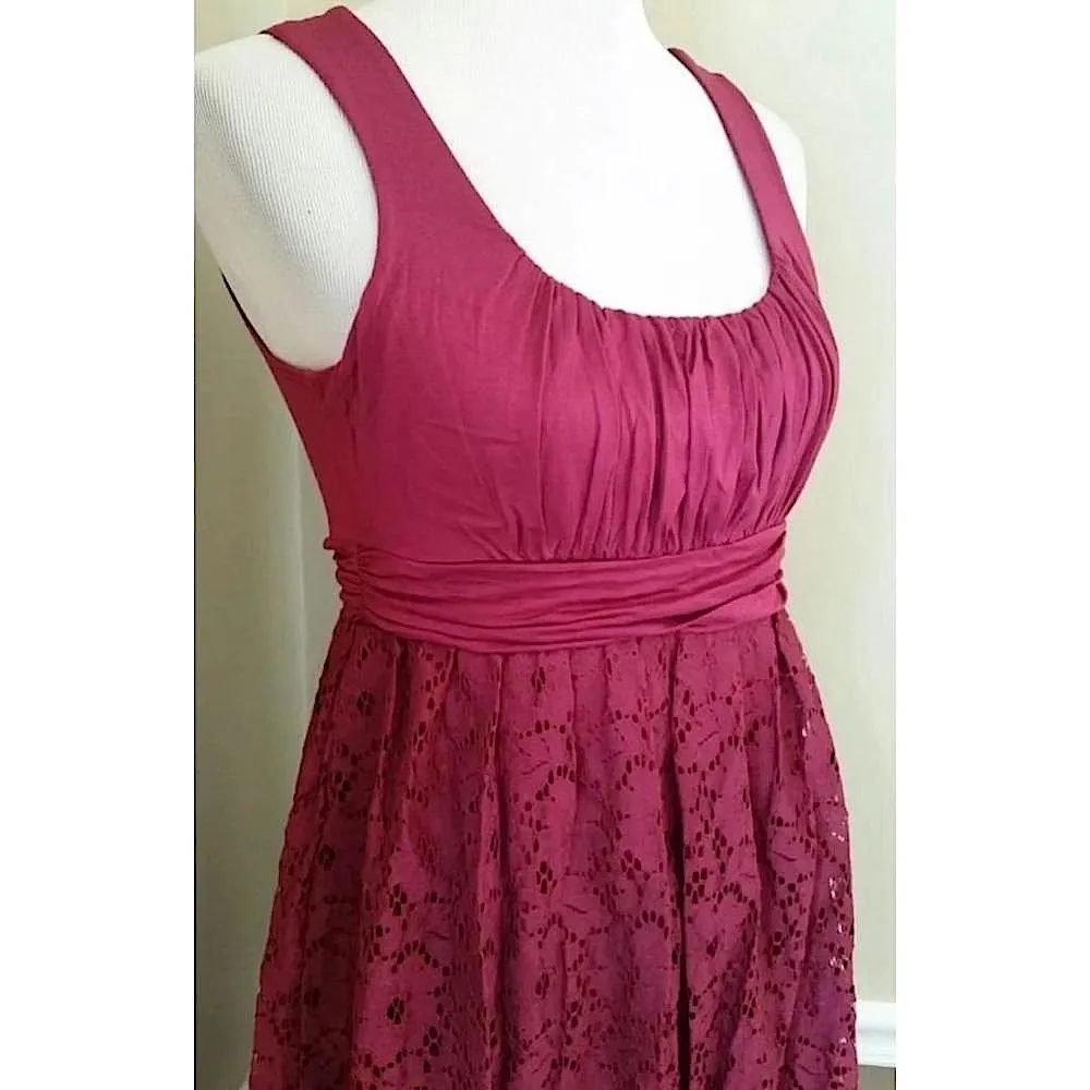 Modcloth Maitai Raspberry Wine Pleated Lace Overlay Stretch Jersey Party Dress - Image 3