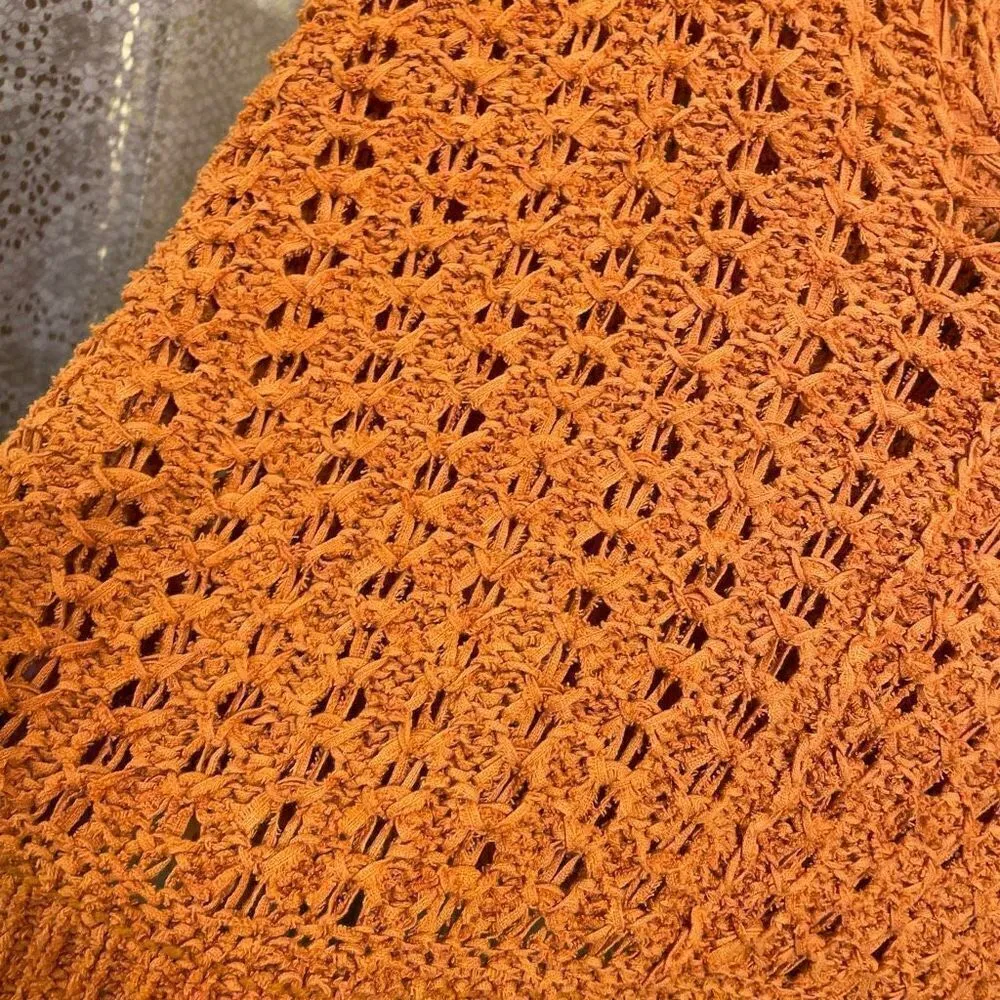 Free People Best Of You Sunset Orange Open Knit V Neck Sweater Medium - Image 5