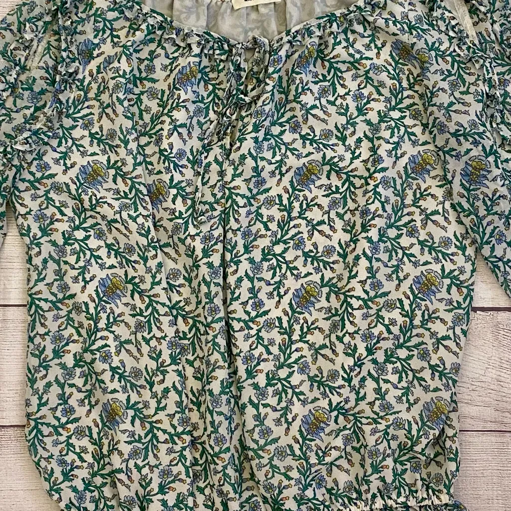 Max Studio Boho Green and Cream Floral Cold Shoulder Top Blouse - Image 3