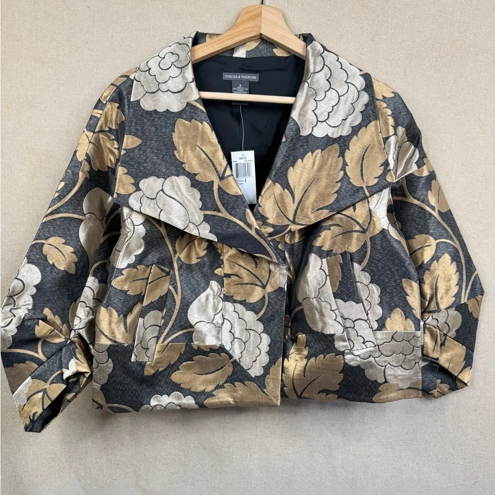 CHELSEA & THEODORE Harlow Jacket Size 6 Black Floral Cropped Metallic 3/4 sleeve - Image 2