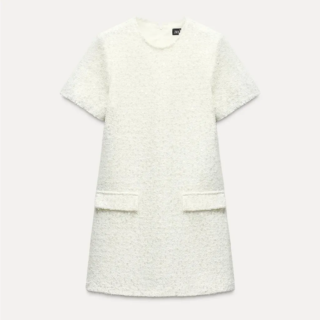 Zara White & Silver Sequin Tweed Short Sleeve Mini Dress - Size XS - Image 7