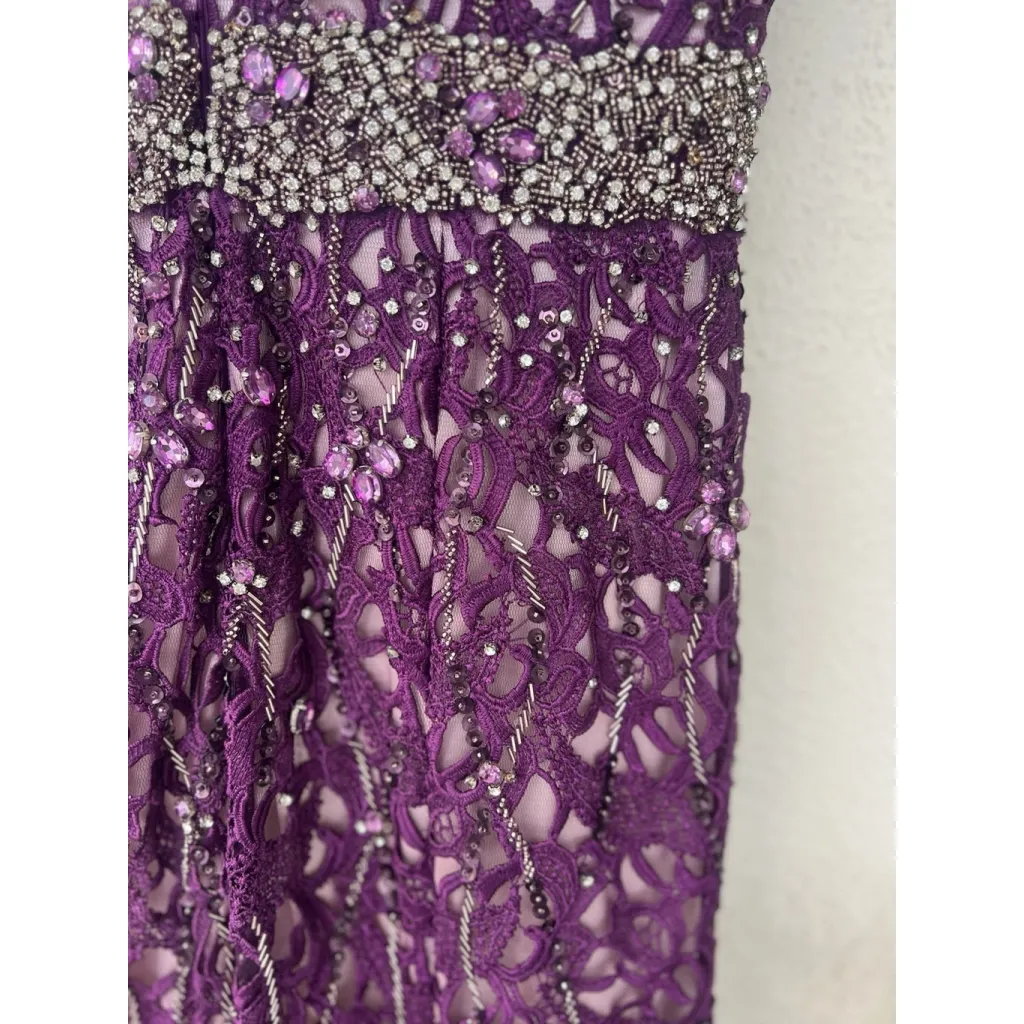 Jovani Purple Lace Beaded Mermaid Gown 6 Cap Sleeve Prom Formal Embellished - Image 7