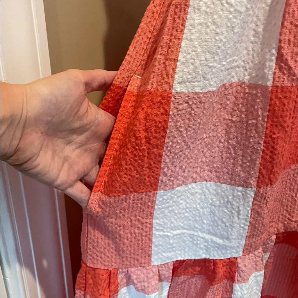 LOU & GREY Gingham Check Tiered Tank Midi Smocked Dress in Coral/White Size L - Image 7