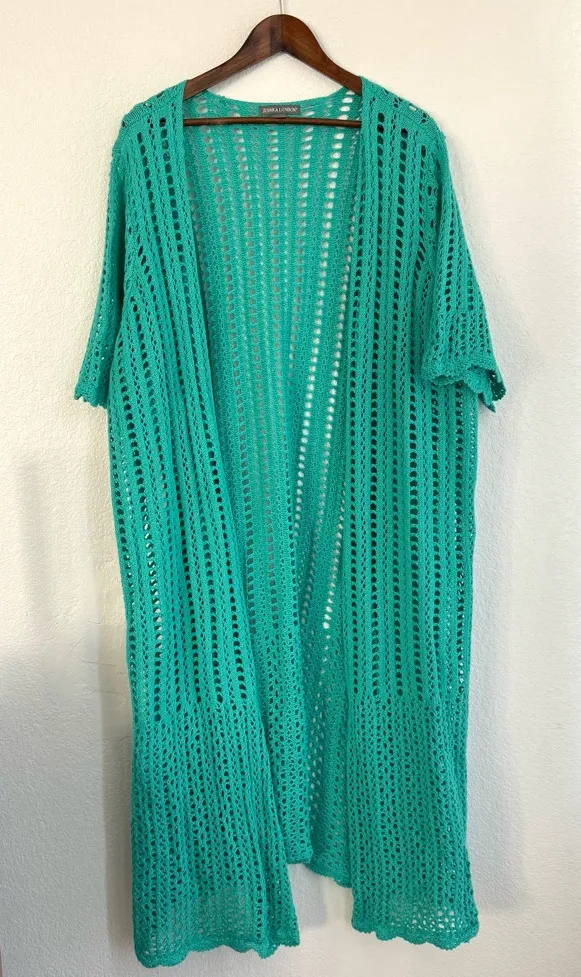 Jessica London Womens Duster Teal Crochet Short Sleeve Plus Size 26/28 - Image 1