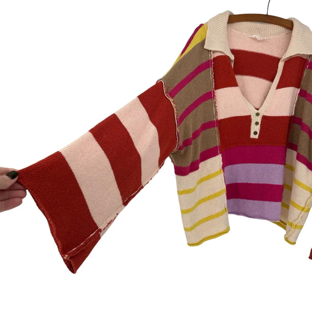 Love Riche Colorful V-Neck Knitted Boho Slouchy Cropped Striped Sweater Large - Image 2
