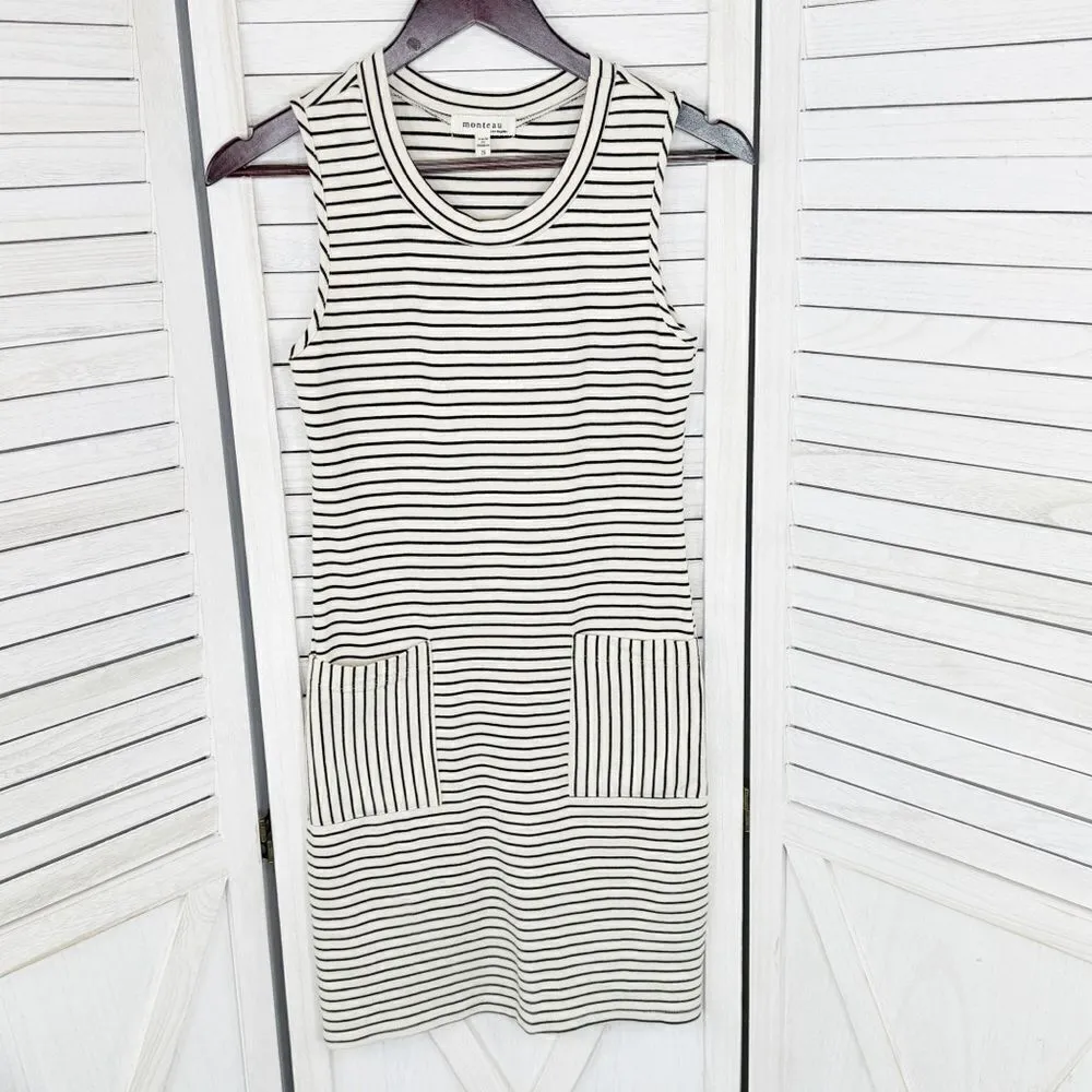 Monteau Striped Sleeveless‎ Sheath Pocket Tee Shirt Dress Cream Black Small - Image 7