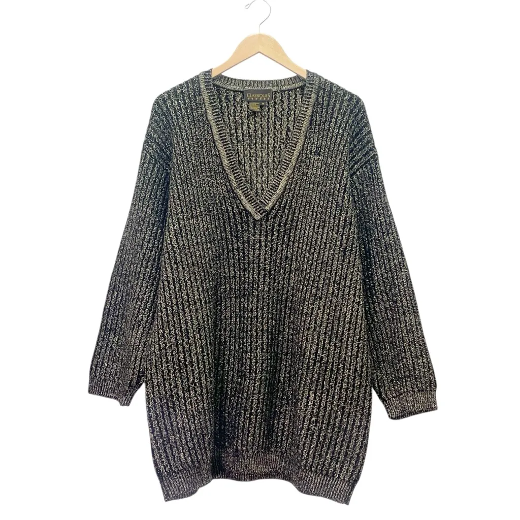 Classiques Merino Wool Blend Textured V-Neck Oversized Sweater Black Gold Medium - Image 2