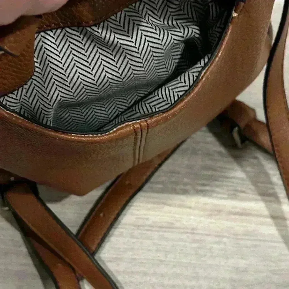 Brown Faux Leather Mini Bucket Bag Fabric Lined Backpack Purse Satchel 9.5x11.5” - Image 3