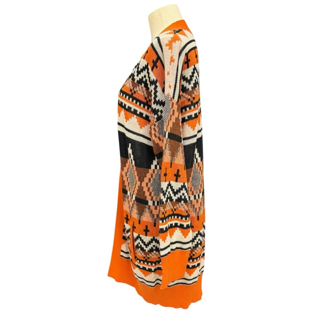 Serra Orange & Black Aztec Open Front Cardigan Sweater Size Medium Boho Western - Image 2