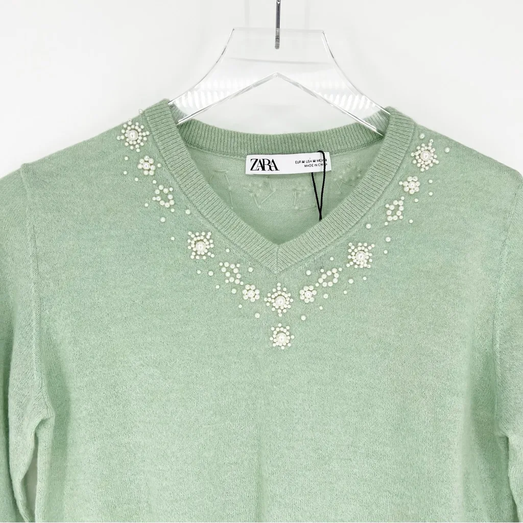 ZARA Wool Blend Pearl‎ Beaded Sweater M Green - Image 4