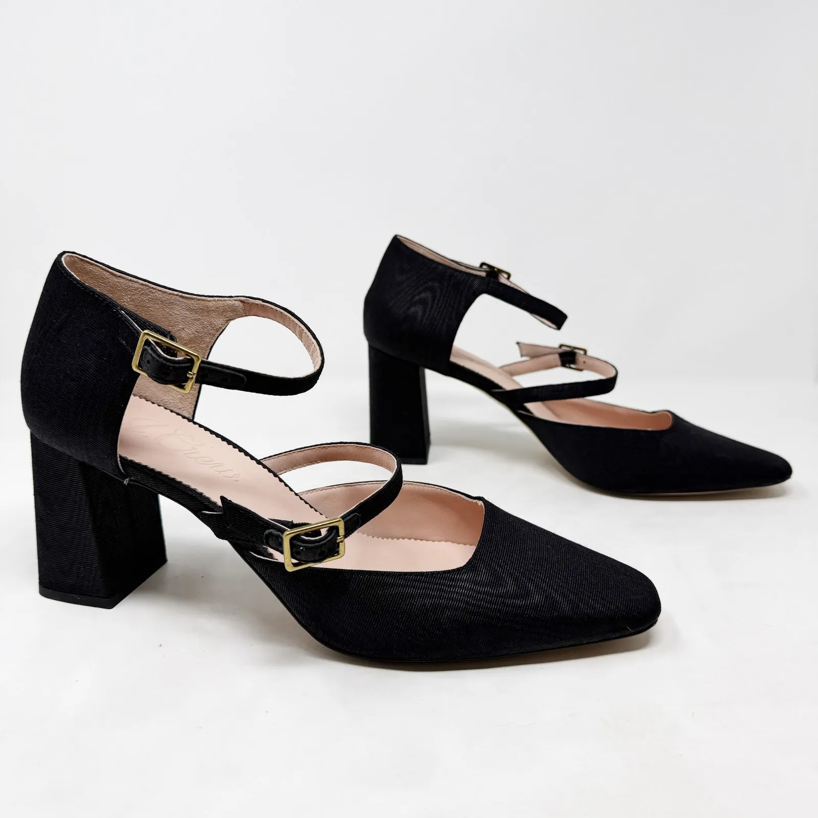 [J. Crew] Black Marta Double Strap Square Toe Chunky Heel Silk Pumps NWOT Sz 11 - Image 2
