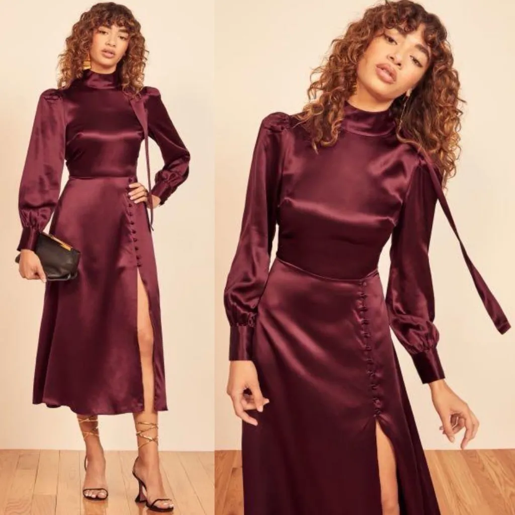 Reformation Maple Silk Midi Dress Plum Burgundy - Image 2