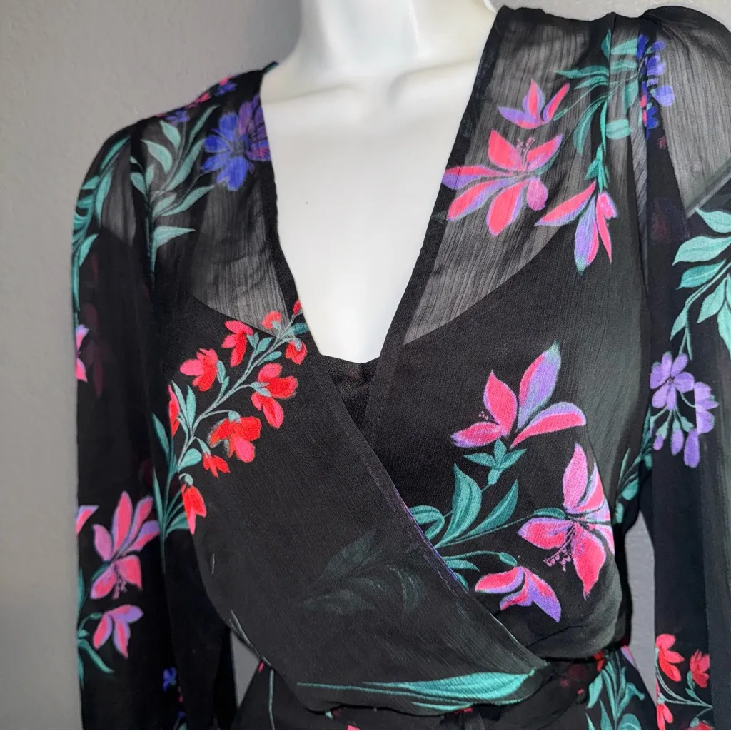 Calvin Klein Long Sleeve Black Floral Midi Dress Womens XS - Small 2 - Image 4