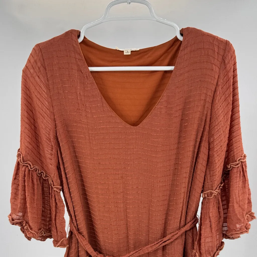 Entro Terracotta V-Neck textured tiered lined Dress S rust puff long sleeve - Image 3