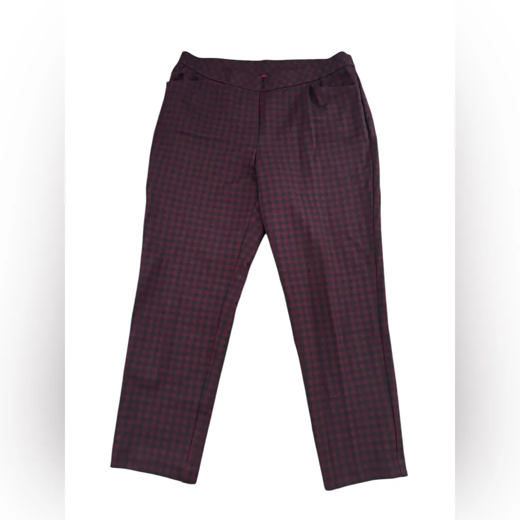J. Jill Ponte Slim Leg Check Plaid Pant Sz LP Burgundy Black Casual Fridays - Image 5