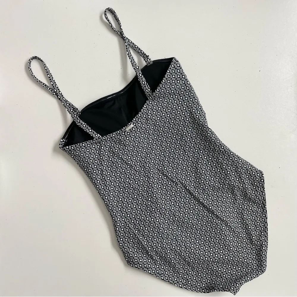 Swimsuit One Piece Geometric Padded Shelf Bra Ruching Boning Black White - Image 15