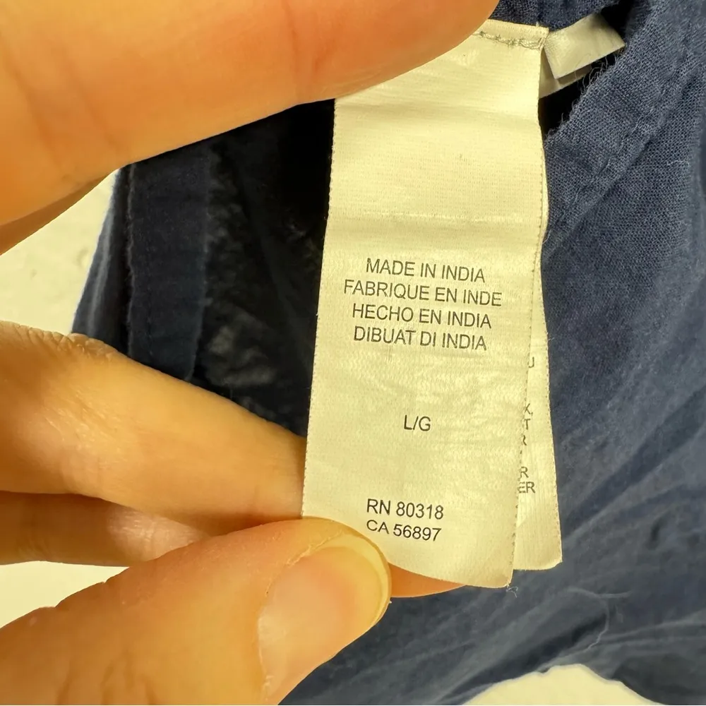 Lucky Brand Navy Blue Eyelet Blouse Womens L Boho Peasant Crochet Long Sleeve - Image 5