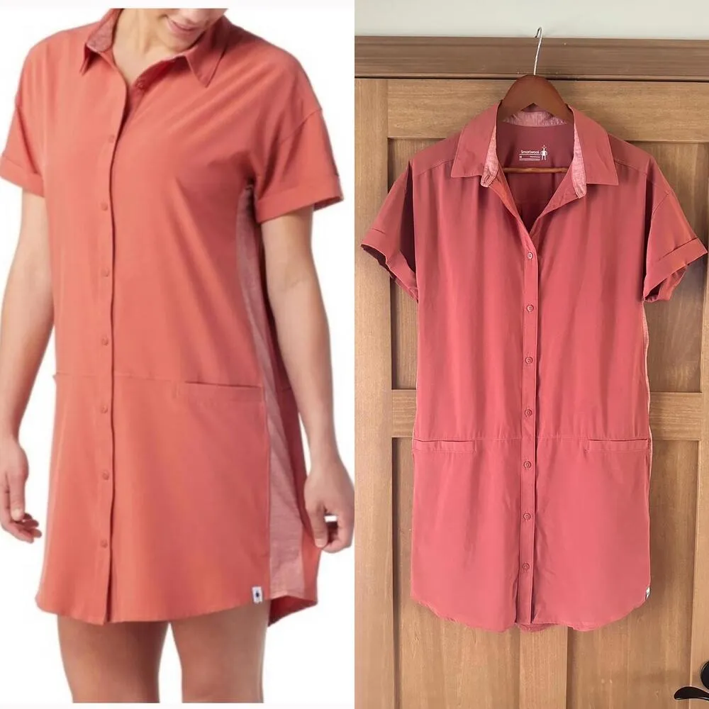 Smartwool Merino Wool Sport Shirt Dress Button Down in Terracotta Pink Medium​ - Image 2
