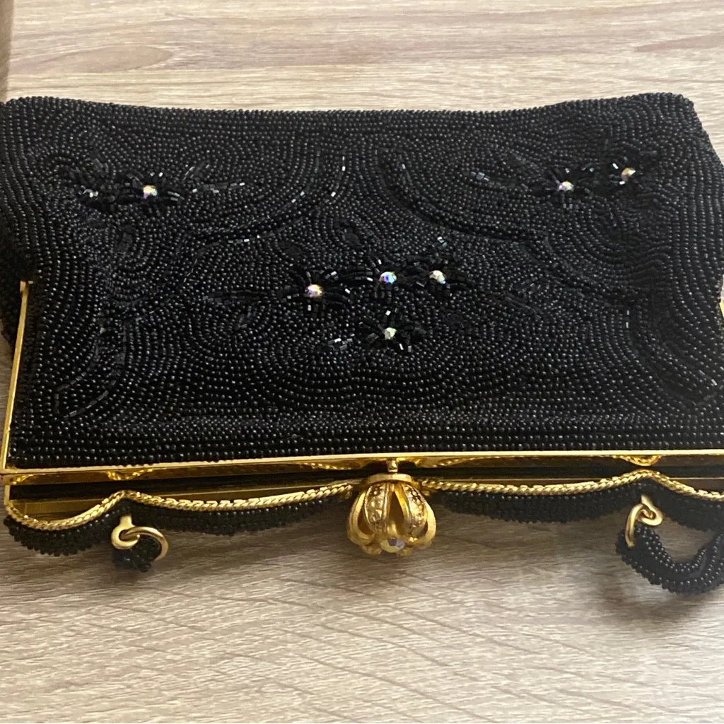 Vintage DeLill Black Beaded Evening Bag Gold Crown Clasp Luxury Elegant Glam - Image 9