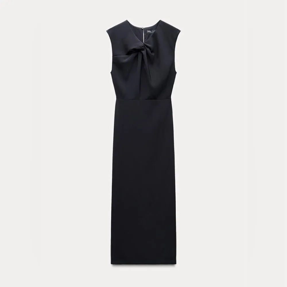 Zara MIDI Dress With Front Tie in Navy Blue Size XS - Image 5