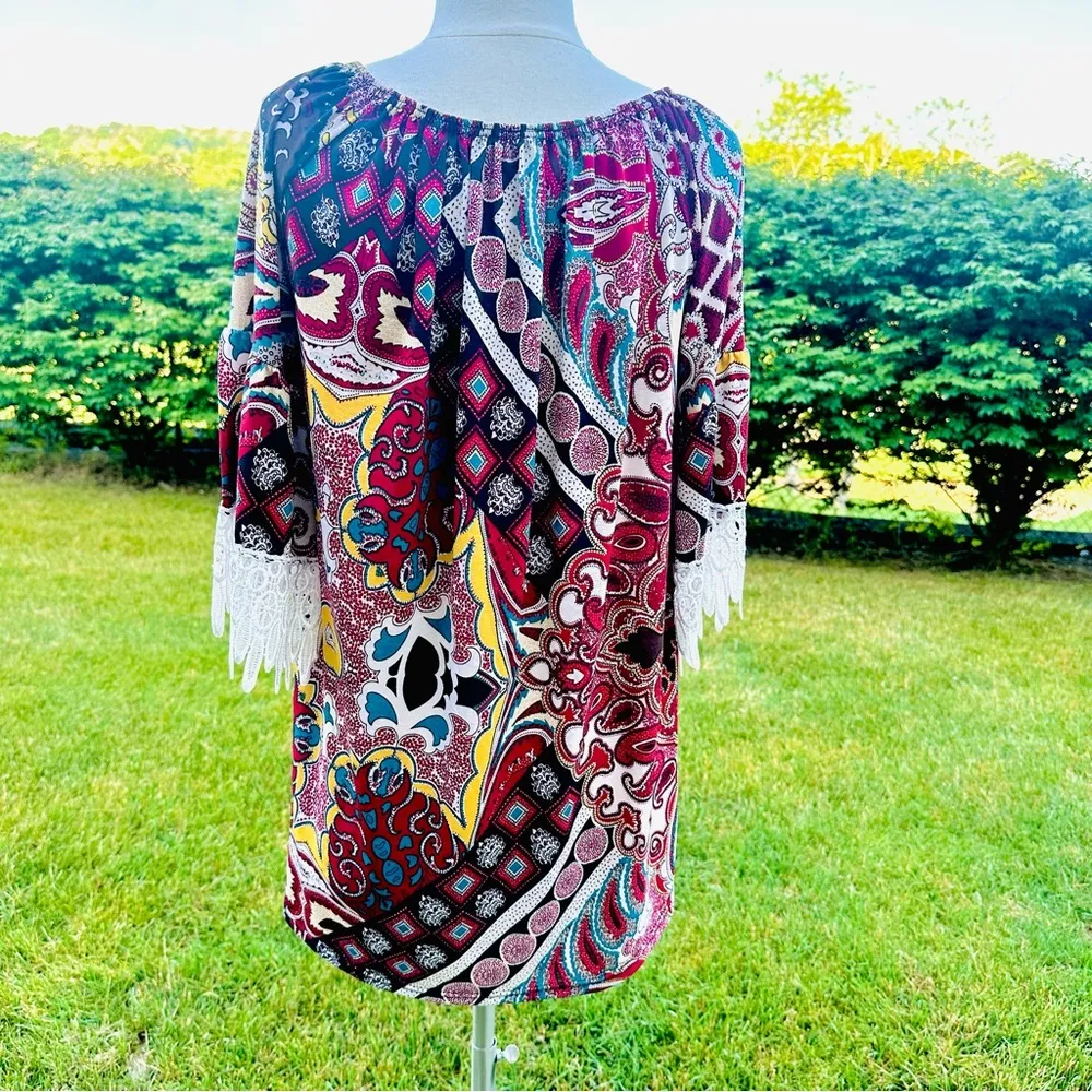 WinWin Women's Lace Tunic Top Multicolor Boho 1/2 Sleeves Polyester Size… - Image 8