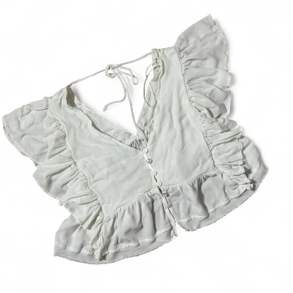 Newbury Kustom White Ruffle Crop Top V-Neck Button Front Flutter Sleeve Small - Image 8