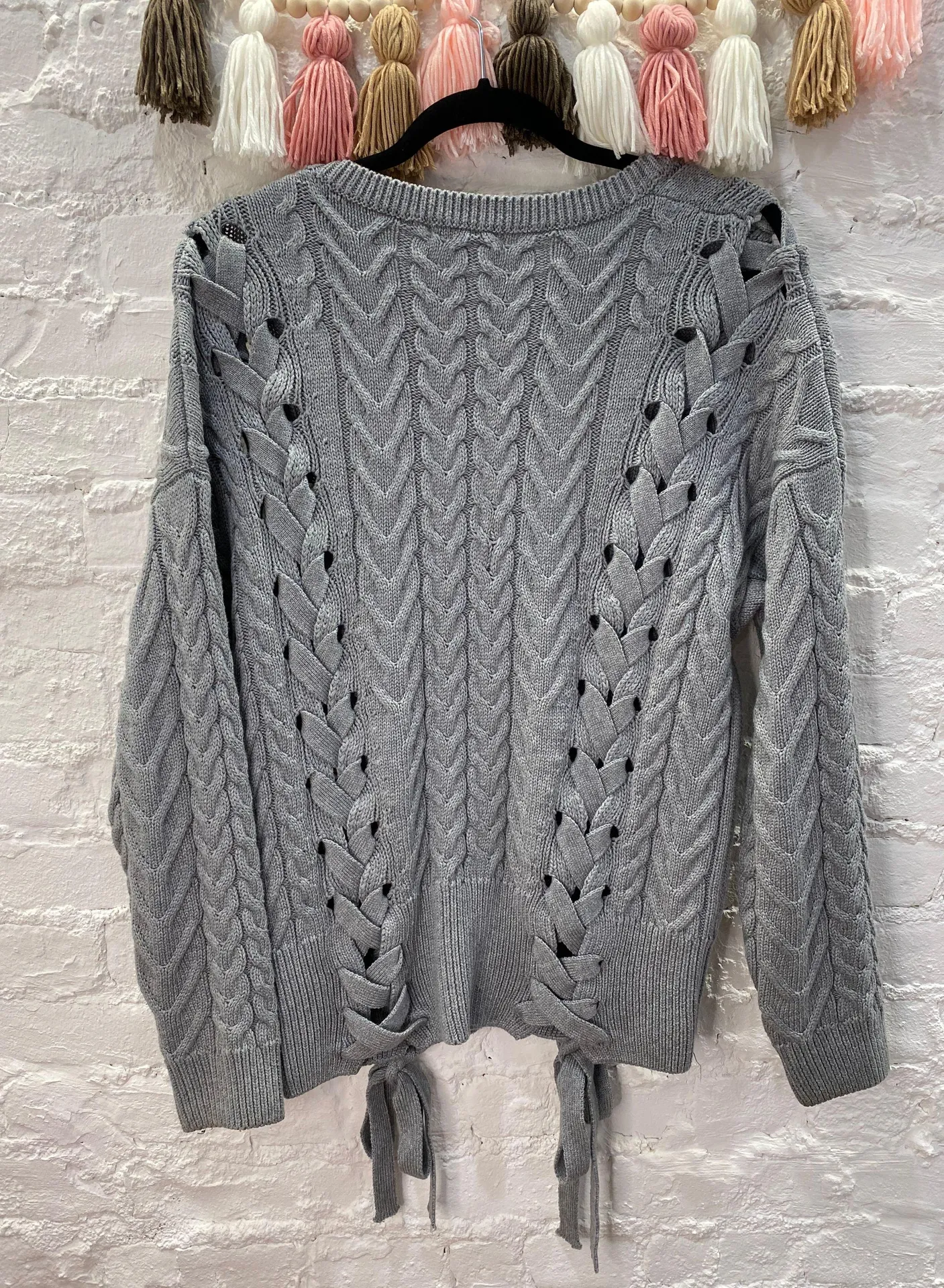 Grey Cable Knit LaceUp Sweater Gray Size M - Image 3